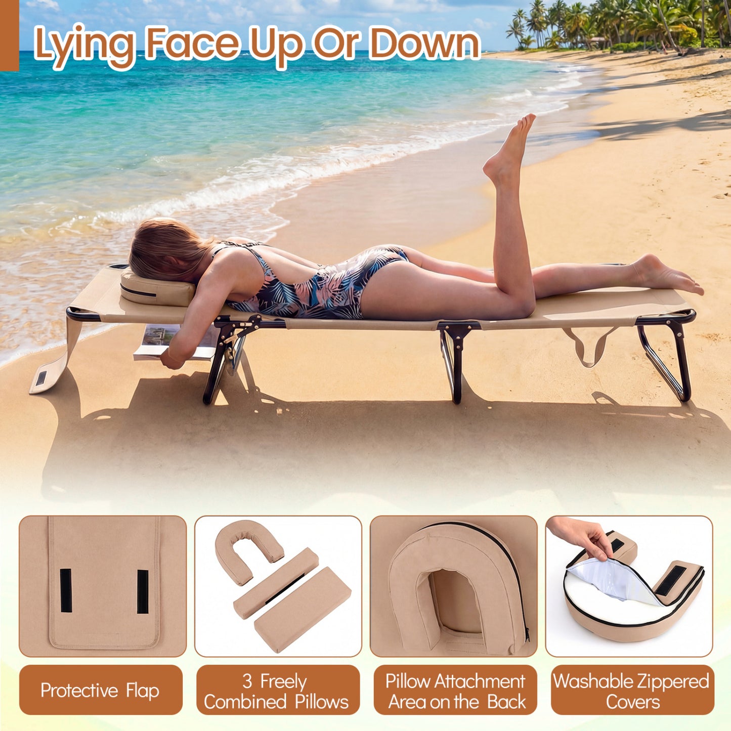 Beach Chaise Lounge Chair With Face Hole, Removable Pillow, Beige Outdoor Chaise Lounges at Gallery Canada