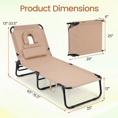 Beach Chaise Lounge Chair With Face Hole, Removable Pillow, Beige Outdoor Chaise Lounges at Gallery Canada