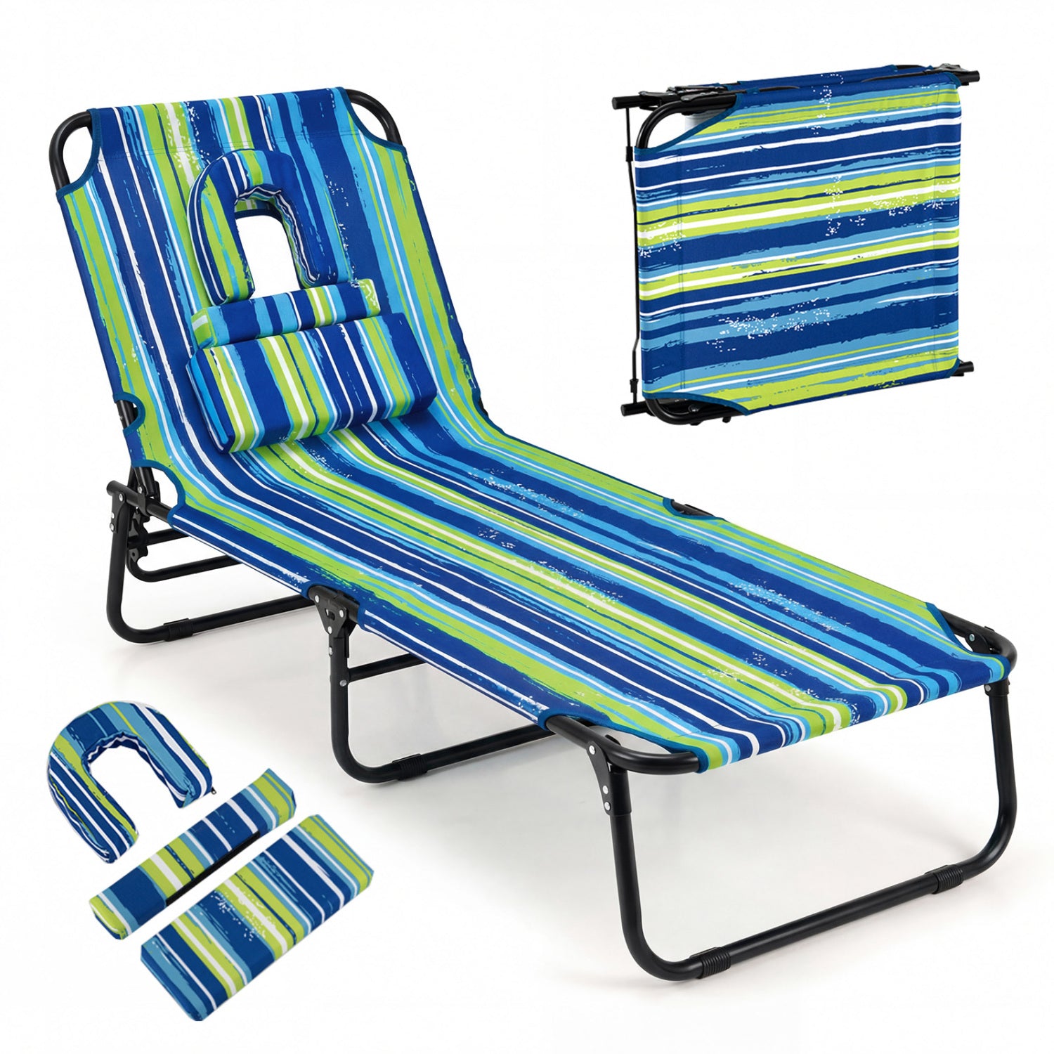 Beach Chaise Lounge Chair With Face Hole, Removable Pillow, Blue Green Outdoor Chaise Lounges at Gallery Canada