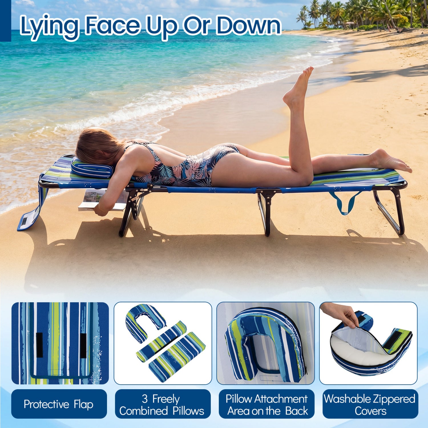 Beach Chaise Lounge Chair With Face Hole, Removable Pillow, Blue Green Outdoor Chaise Lounges at Gallery Canada