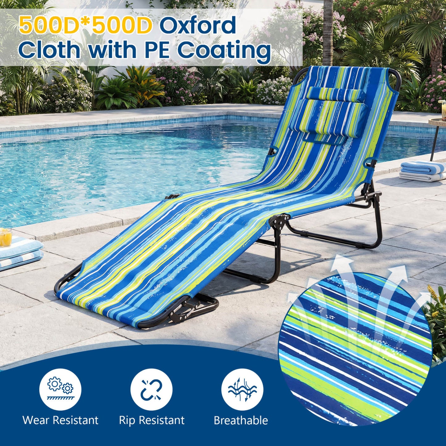Beach Chaise Lounge Chair With Face Hole, Removable Pillow, Blue Green Outdoor Chaise Lounges at Gallery Canada
