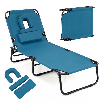 Beach Chaise Lounge Chair With Face Hole, Removable Pillow, Blue Outdoor Chaise Lounges Blue at Gallery Canada