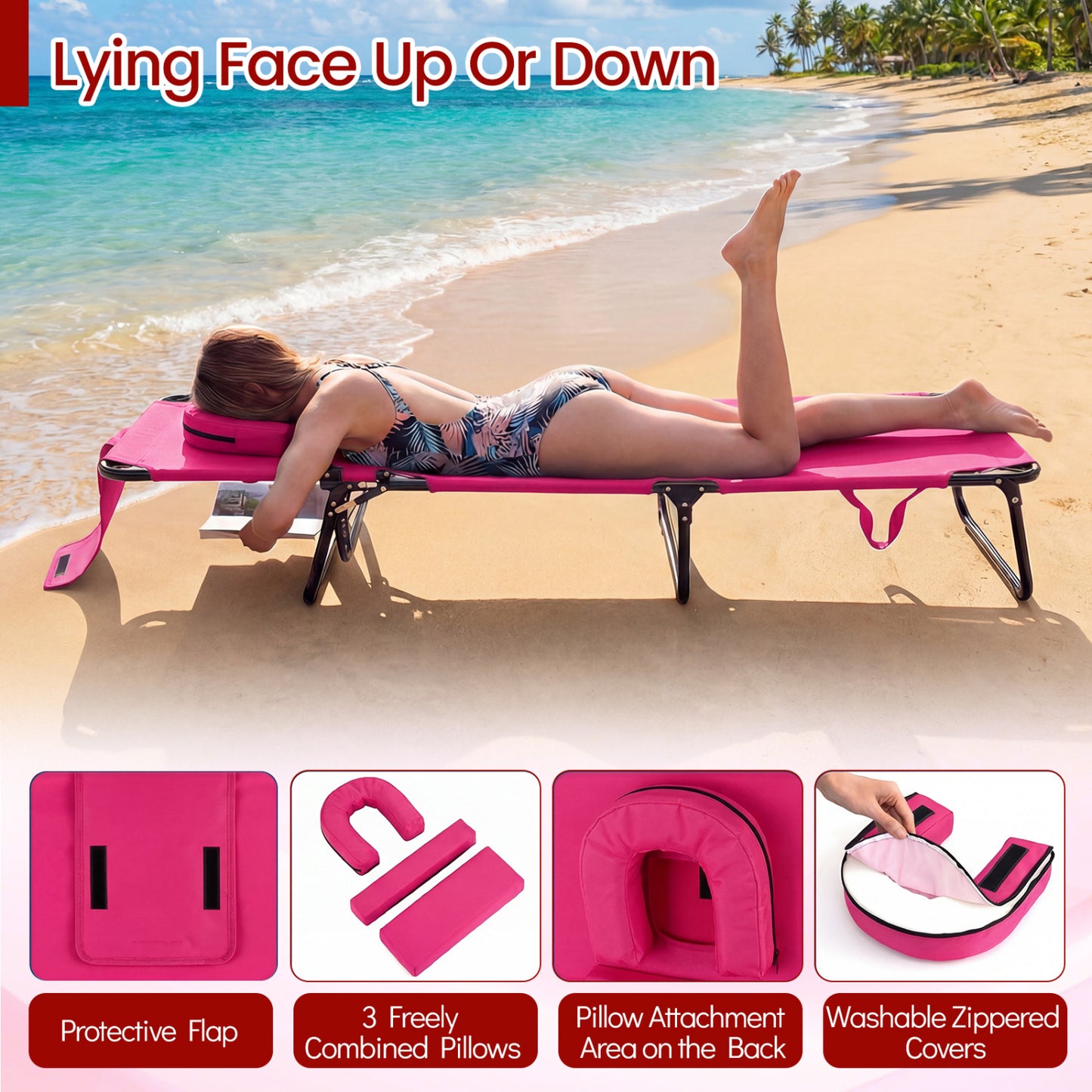 Beach Chaise Lounge Chair With Face Hole, Removable Pillow, Pink Outdoor Chaise Lounges at Gallery Canada