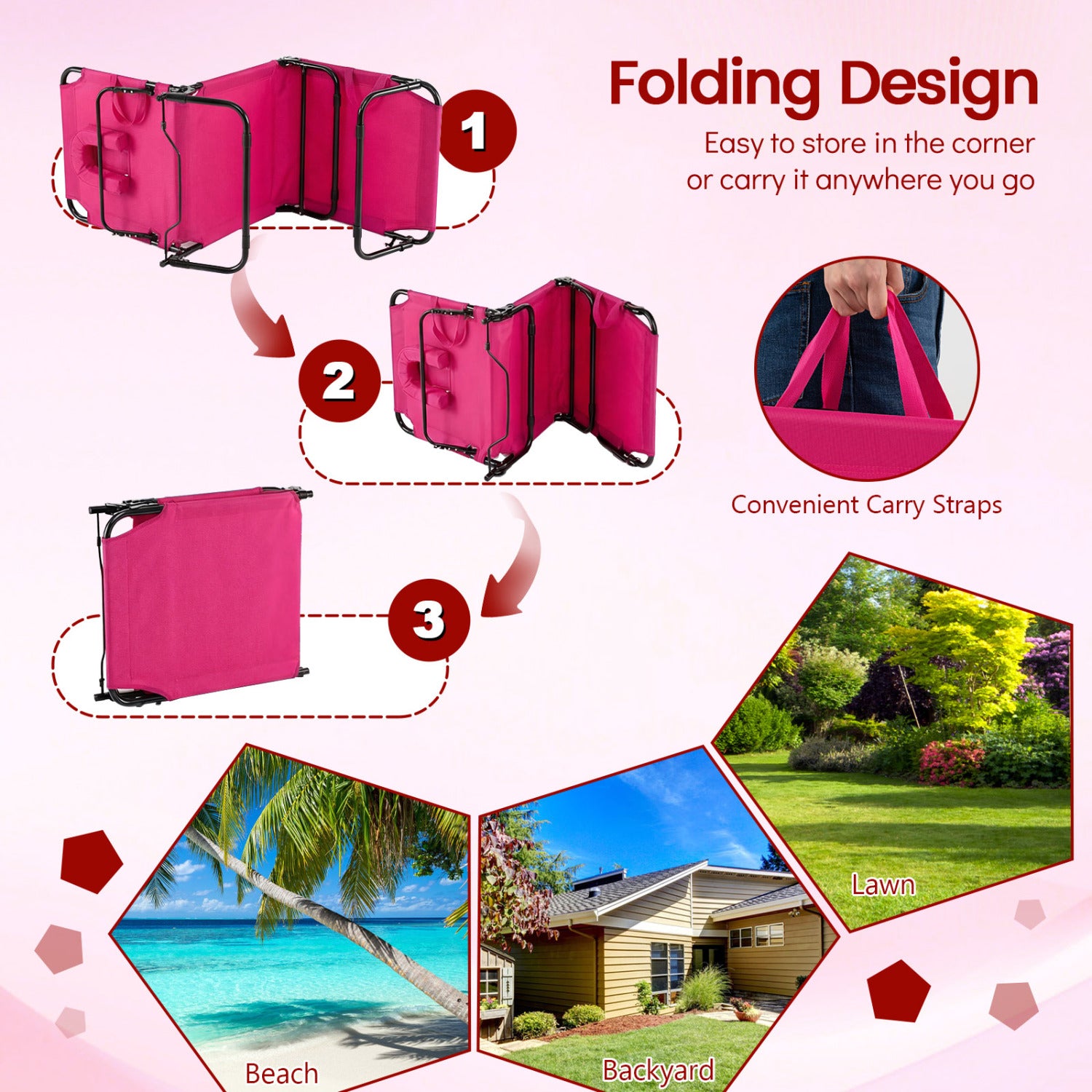Beach Chaise Lounge Chair With Face Hole, Removable Pillow, Pink Outdoor Chaise Lounges at Gallery Canada