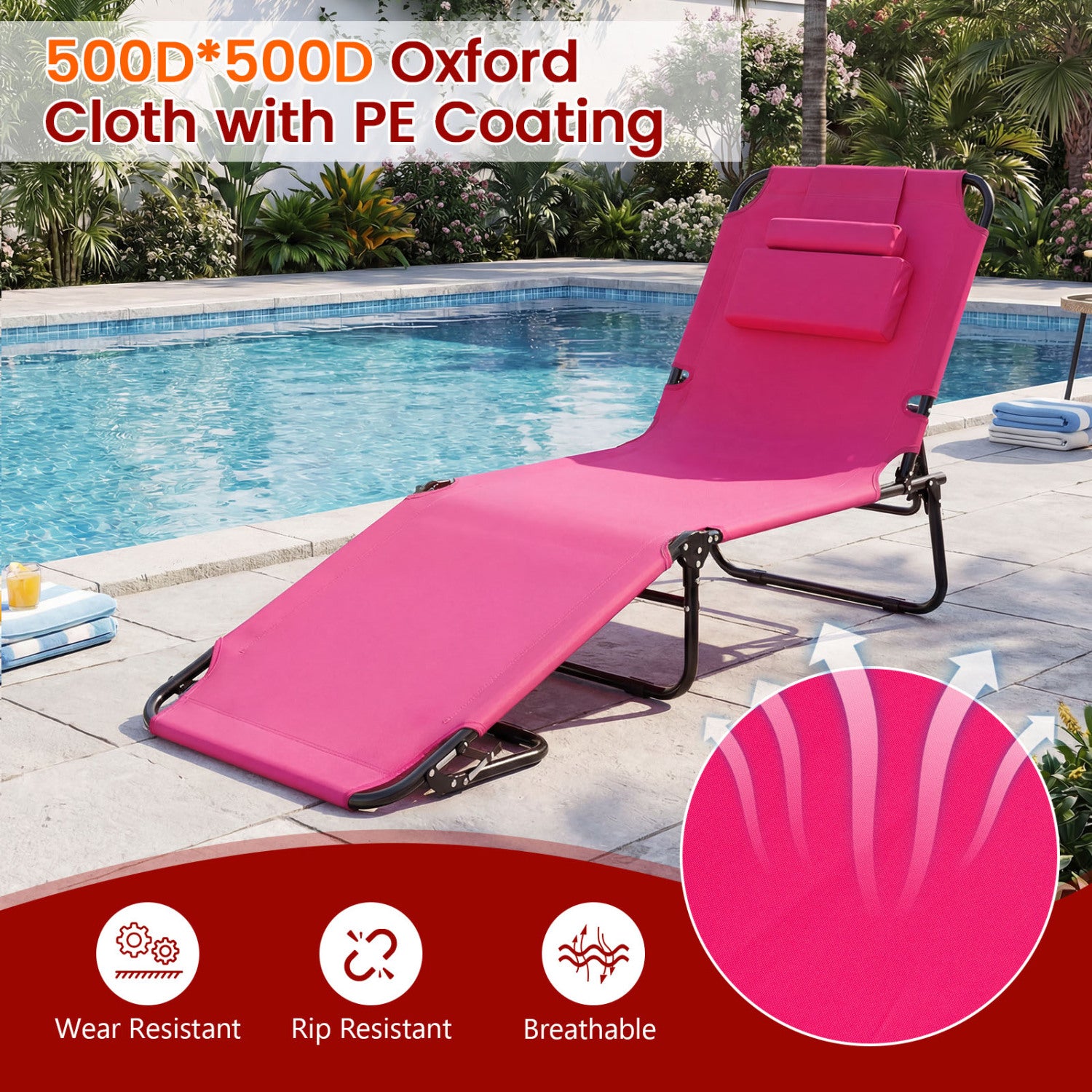Beach Chaise Lounge Chair With Face Hole, Removable Pillow, Pink Outdoor Chaise Lounges at Gallery Canada
