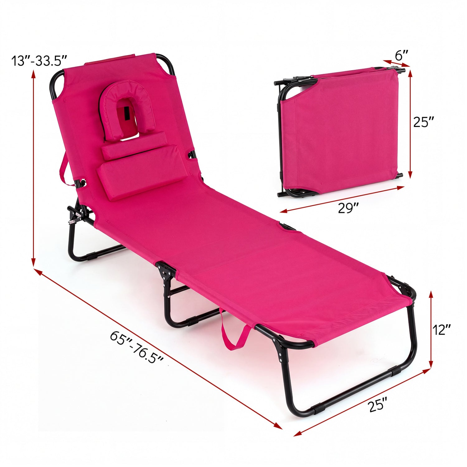 Beach Chaise Lounge Chair With Face Hole, Removable Pillow, Pink Outdoor Chaise Lounges at Gallery Canada