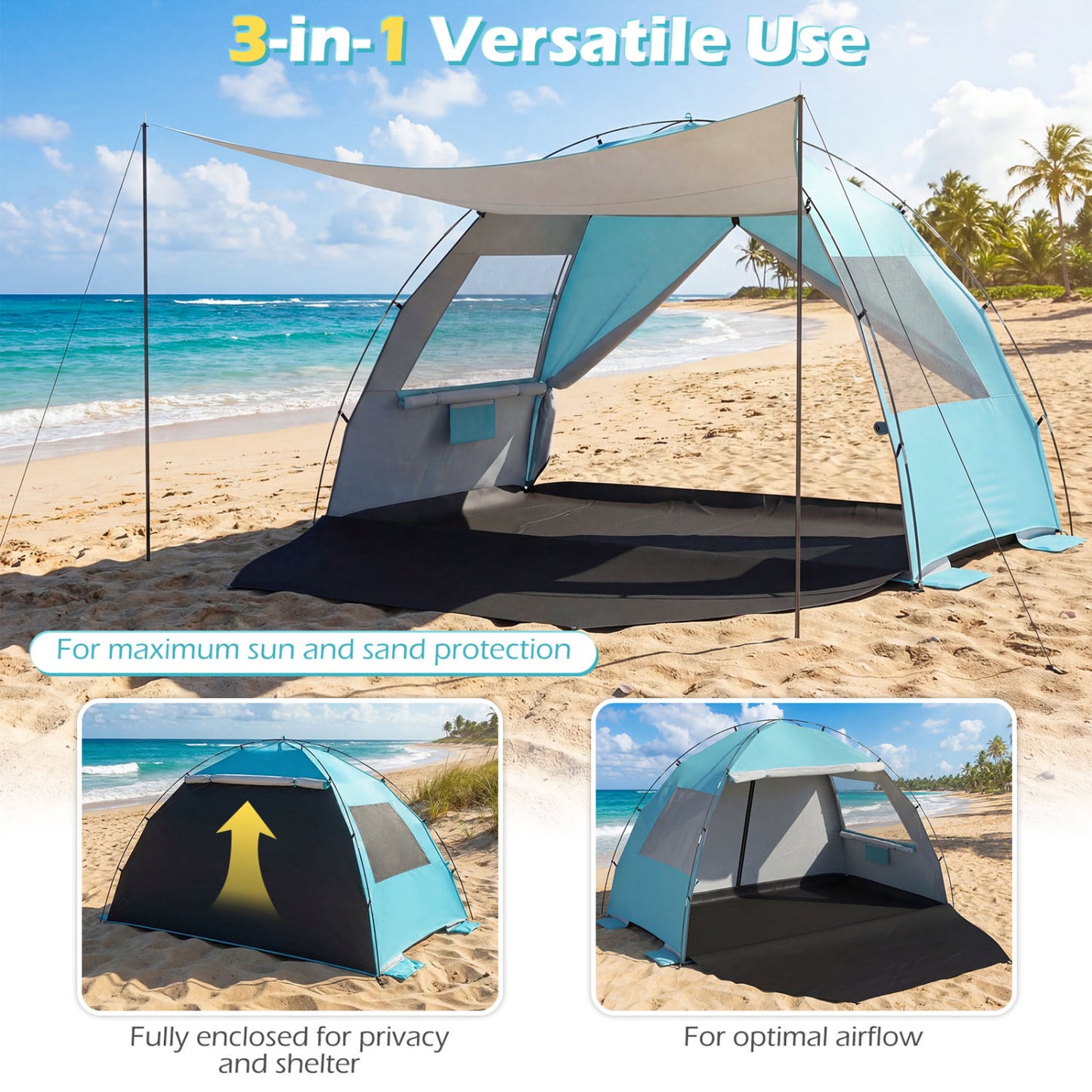 Beach Tent Sun Shelter, Canopy, Extended Floor, Vent Windows, Blue Canopies at Gallery Canada