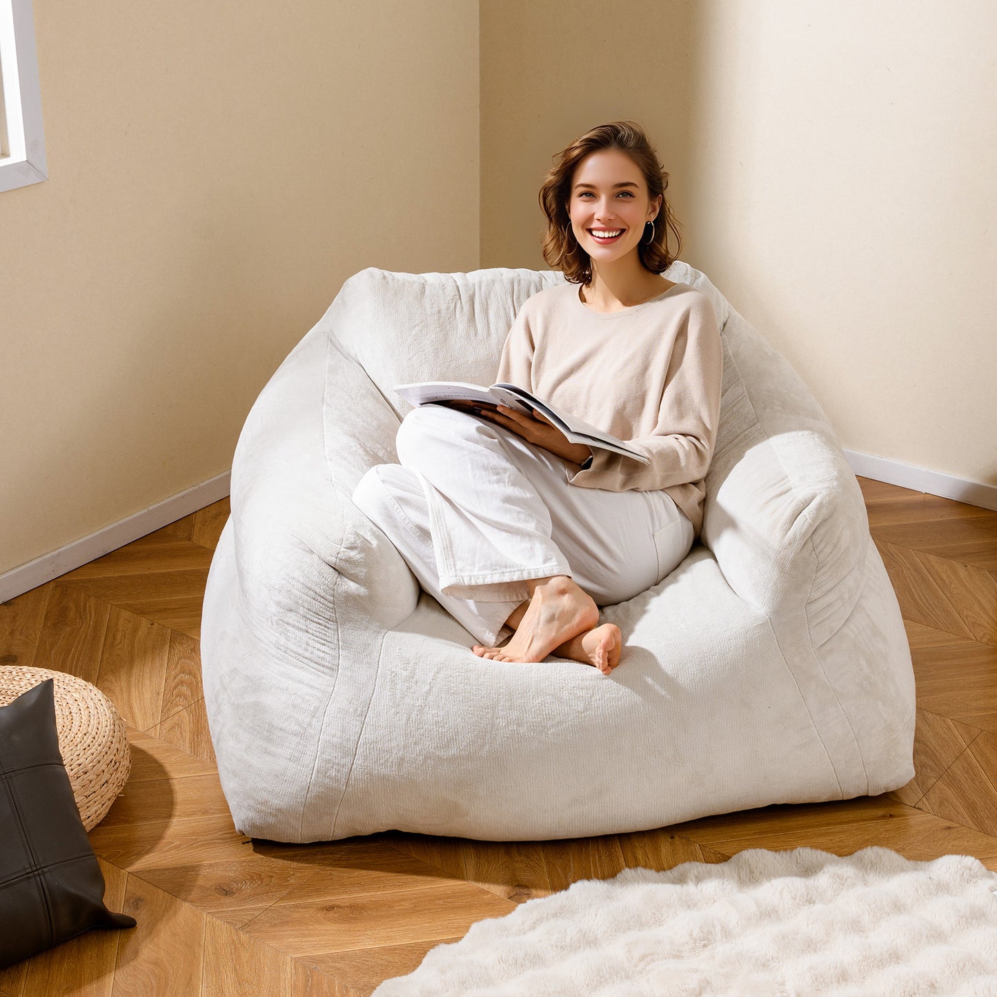 Bean Bag Chair Plush Lazy Sofa with Ultra-soft Velvet Cover, Beige Floor Chairs at Gallery Canada