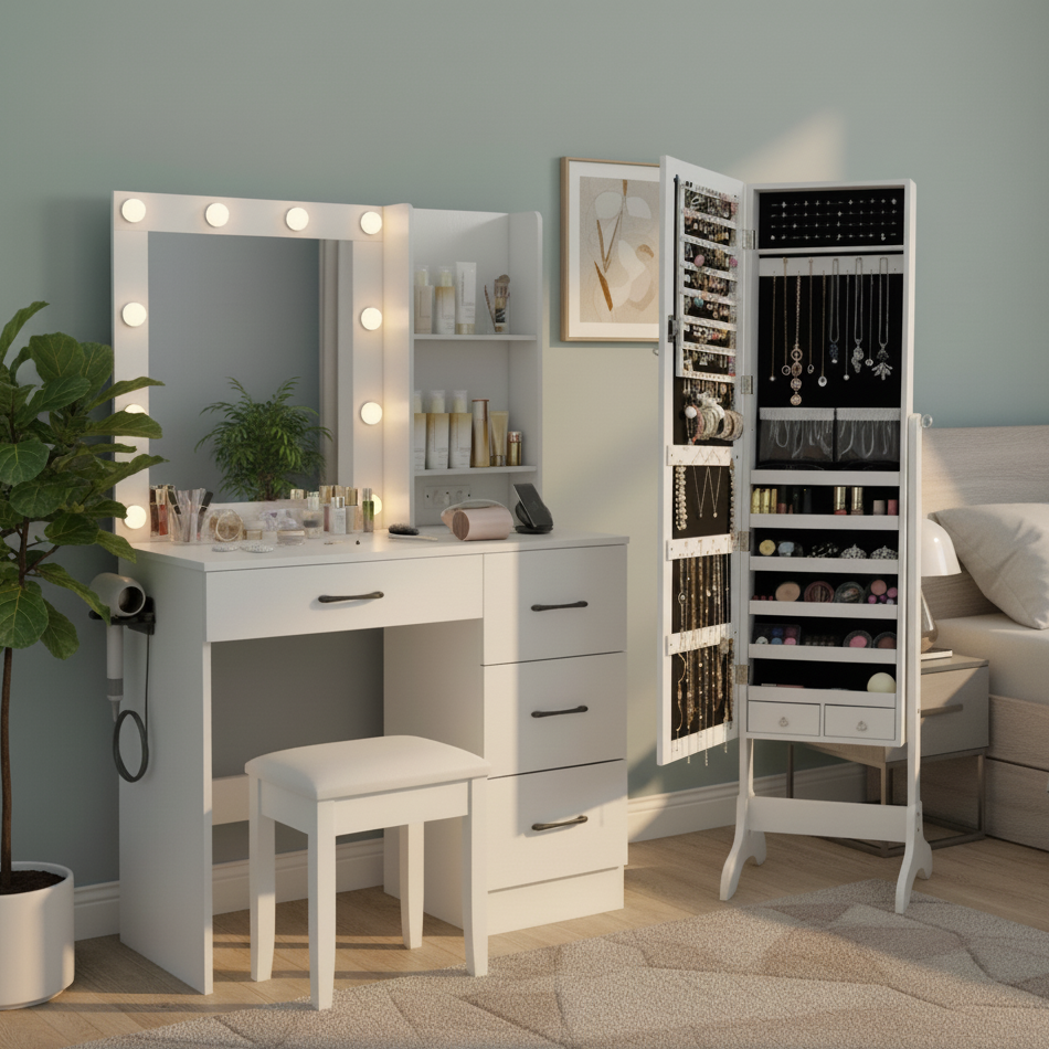 Bedroom Set with Lockable Mirrored Jewelry Cabinet and Vanity Desk Bedroom at Gallery Canada