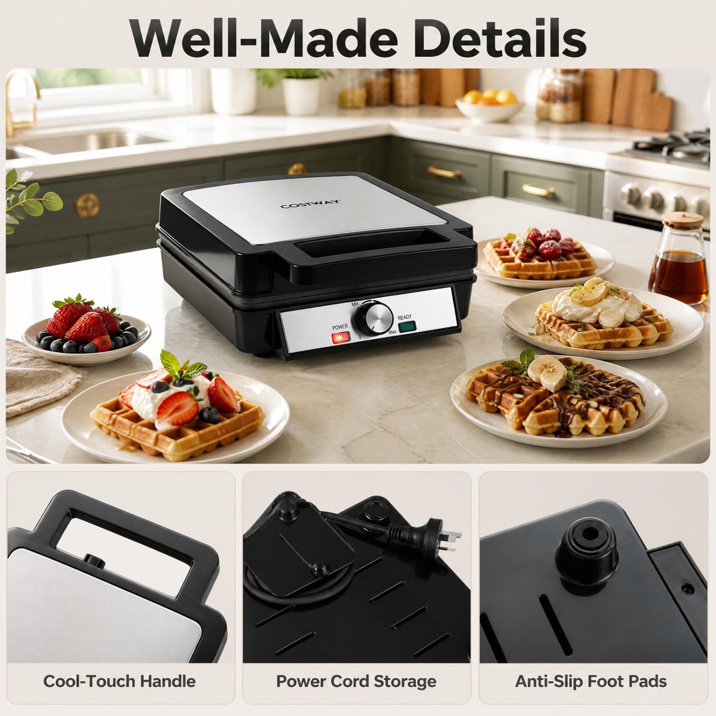 4-Slice Belgian Waffle Maker 1200W, Nonstick, Black