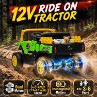 Tracteur Électrique pour Enfants 12V, Télécommande, Double Moteur, Vert