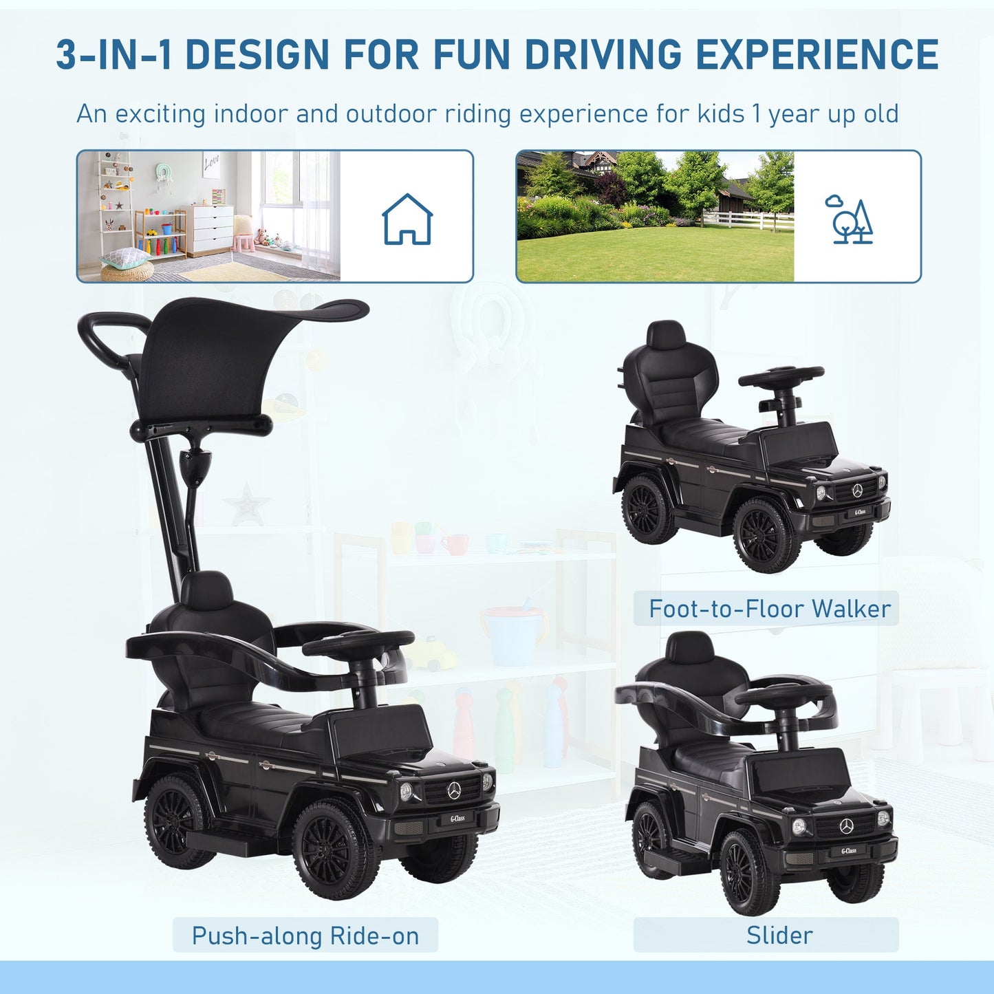Push Car for Toddler, 3-in-1 Licensed G350 Toddler Car Stroller Sliding Car, Baby Walker Foot to Floor Slider with Horn, Steering, Foot Rest, Seat Storage, Safe Design, Black at Gallery Canada