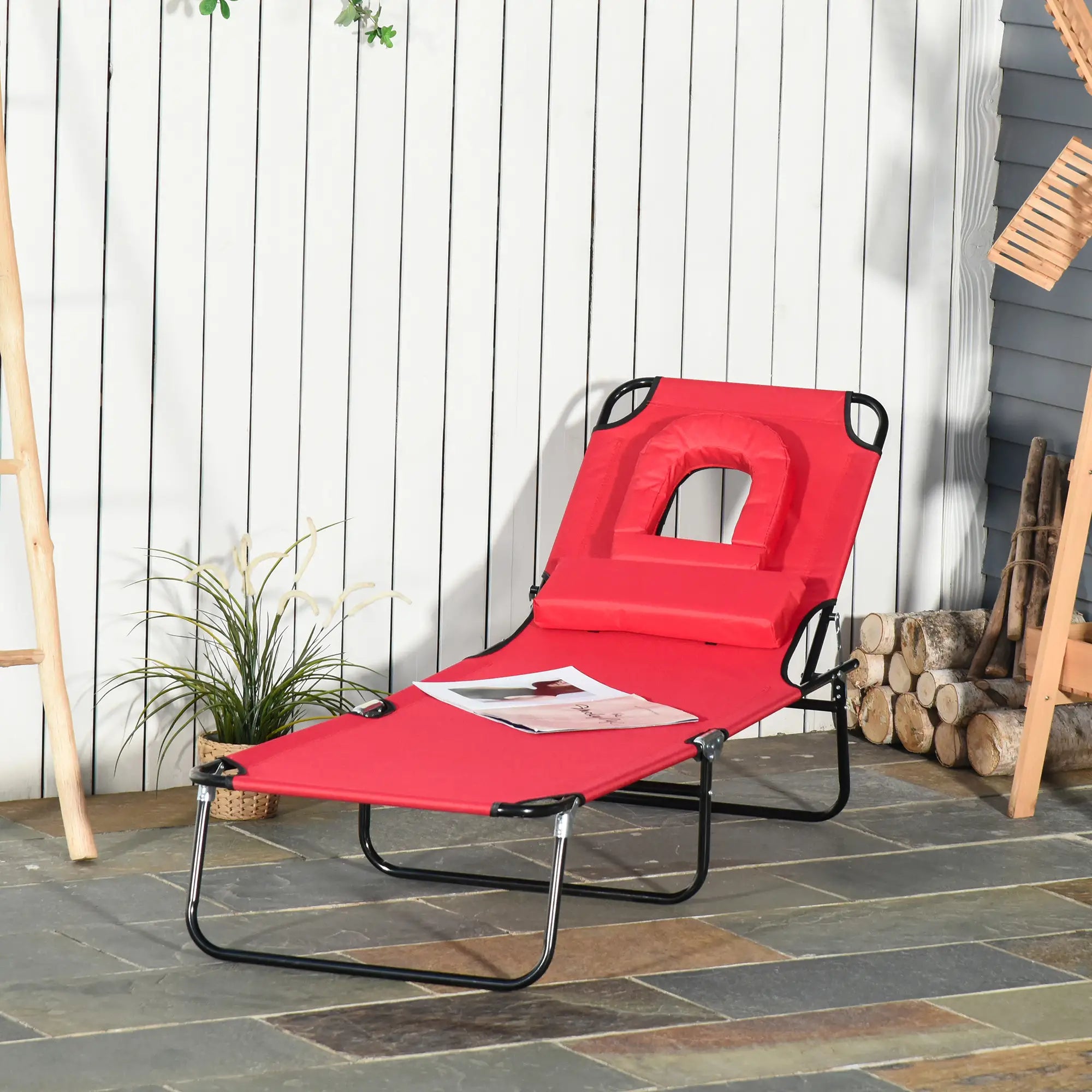Adjustable Outdoor Lounge Chair, Folding Chaise with Face Hole, Red Lounger Chairs at Gallery Canada
