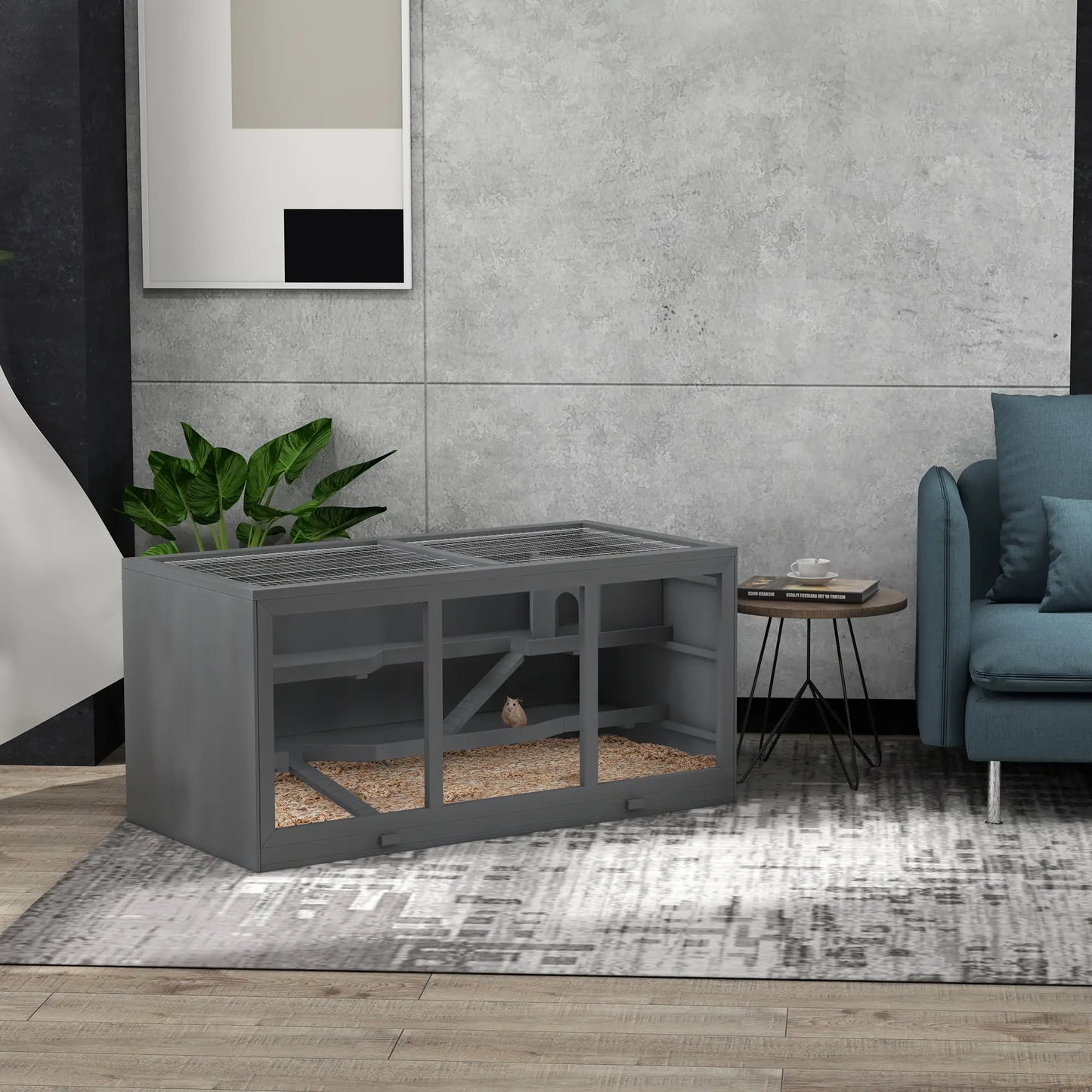 Wooden Hamster Cage, Rat Cage with Slide, Tray, Grey Hamster Cages at Gallery Canada