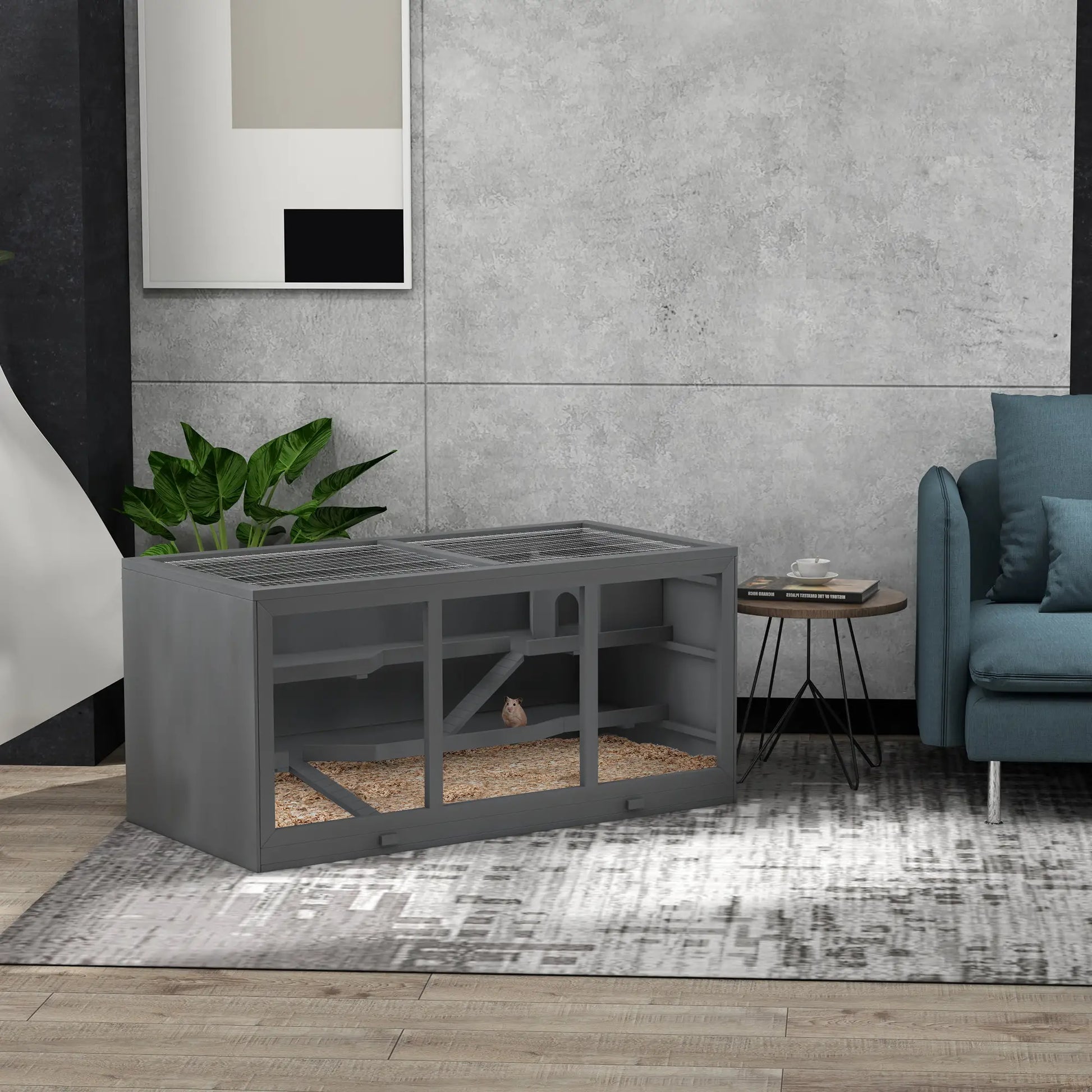 Wooden Hamster Cage, Rat Cage with Slide, Tray, Grey Hamster Cages at Gallery Canada