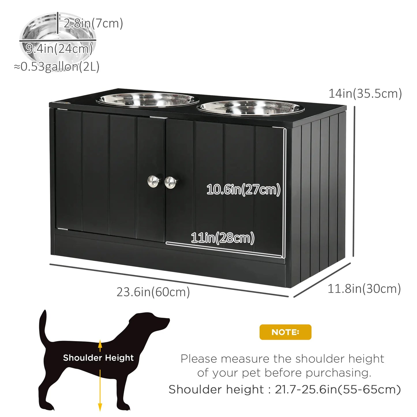 Elevated Dog Bowls, Large Pet Feeding Station with Stand, Storage, 2 Stainless Steel Bowls, 23.6" x 11.8" x 14", Black Dog Bowls at Gallery Canada