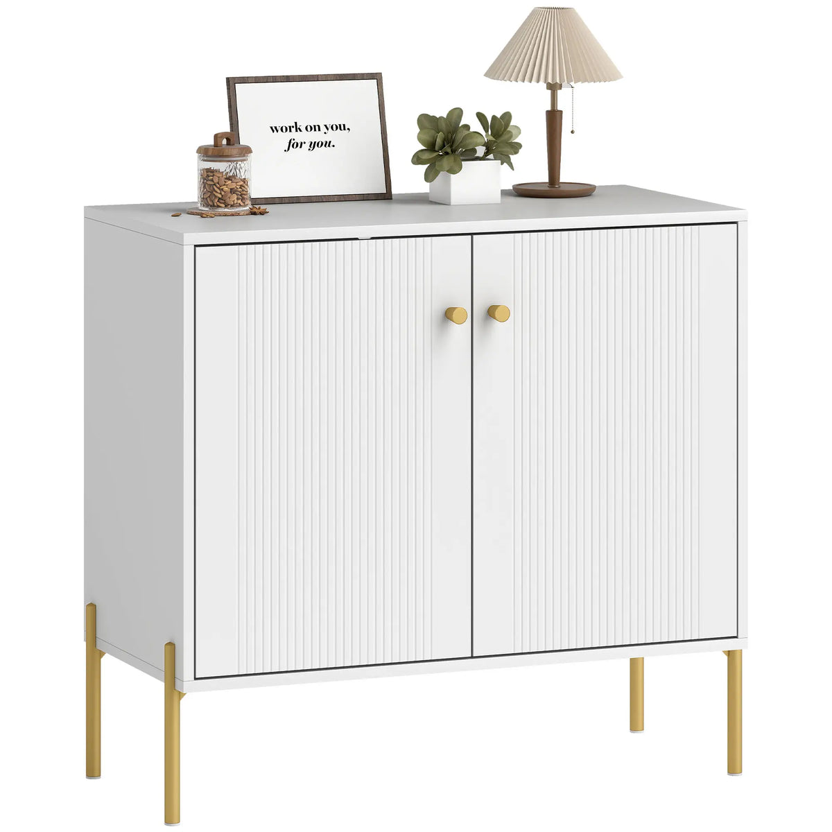 Meuble d'appoint, Buffet Moderne, Portes Cannelées, Étagère Réglable, Blanc