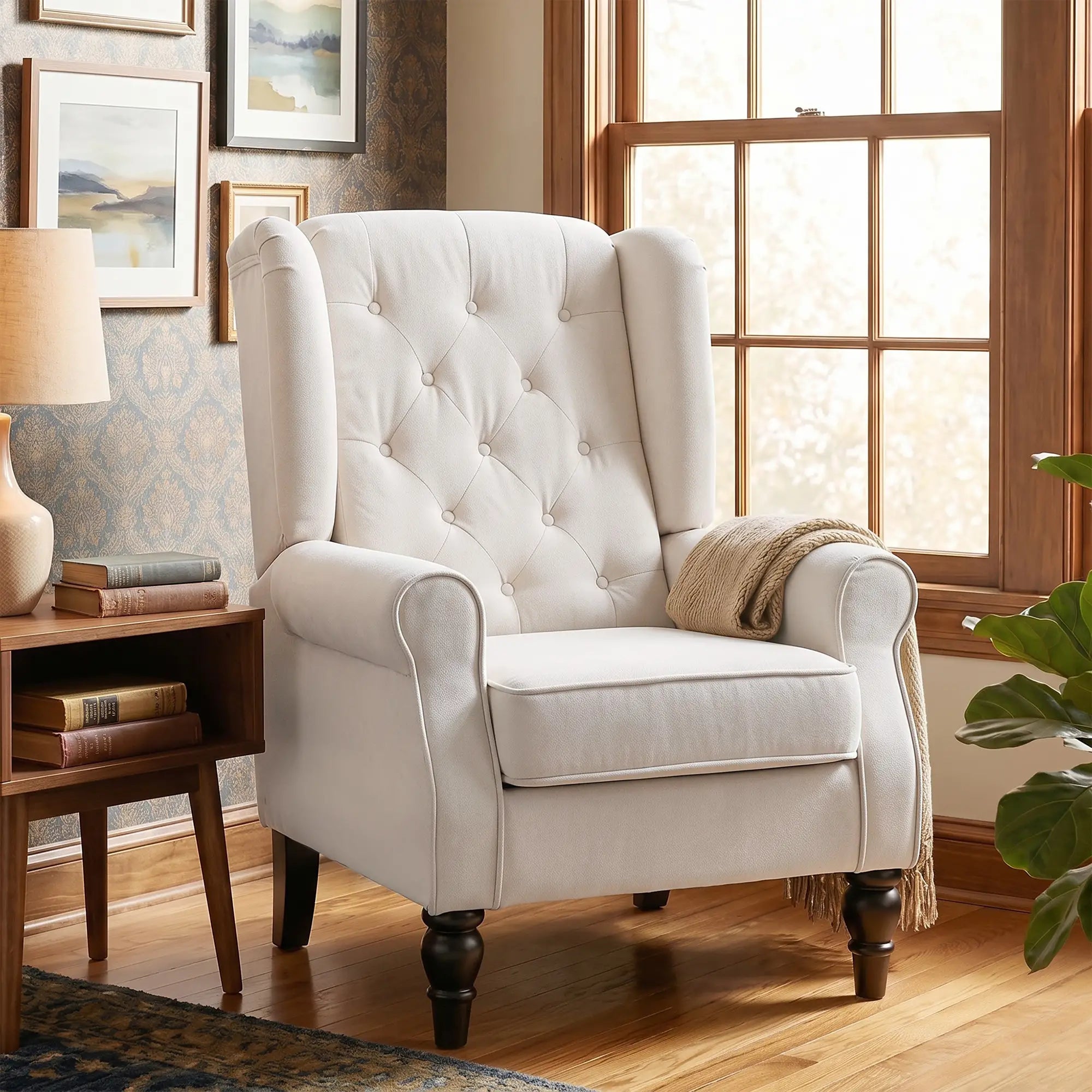 Modern Wingback Chair, Tufted Fabric Armchair With Wood Legs, White Accent Chairs at Gallery Canada