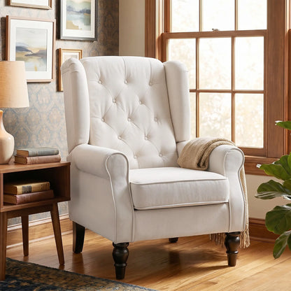 Modern Wingback Chair, Tufted Fabric Armchair With Wood Legs, White Accent Chairs at Gallery Canada