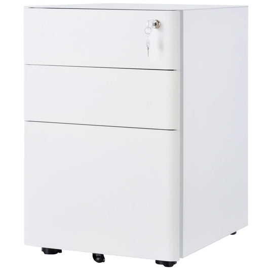 3 Drawer Filing Cabinet, Steel Office Storage with Wheels, Lock, White Office Cabinets & Cupboards White at Gallery Canada