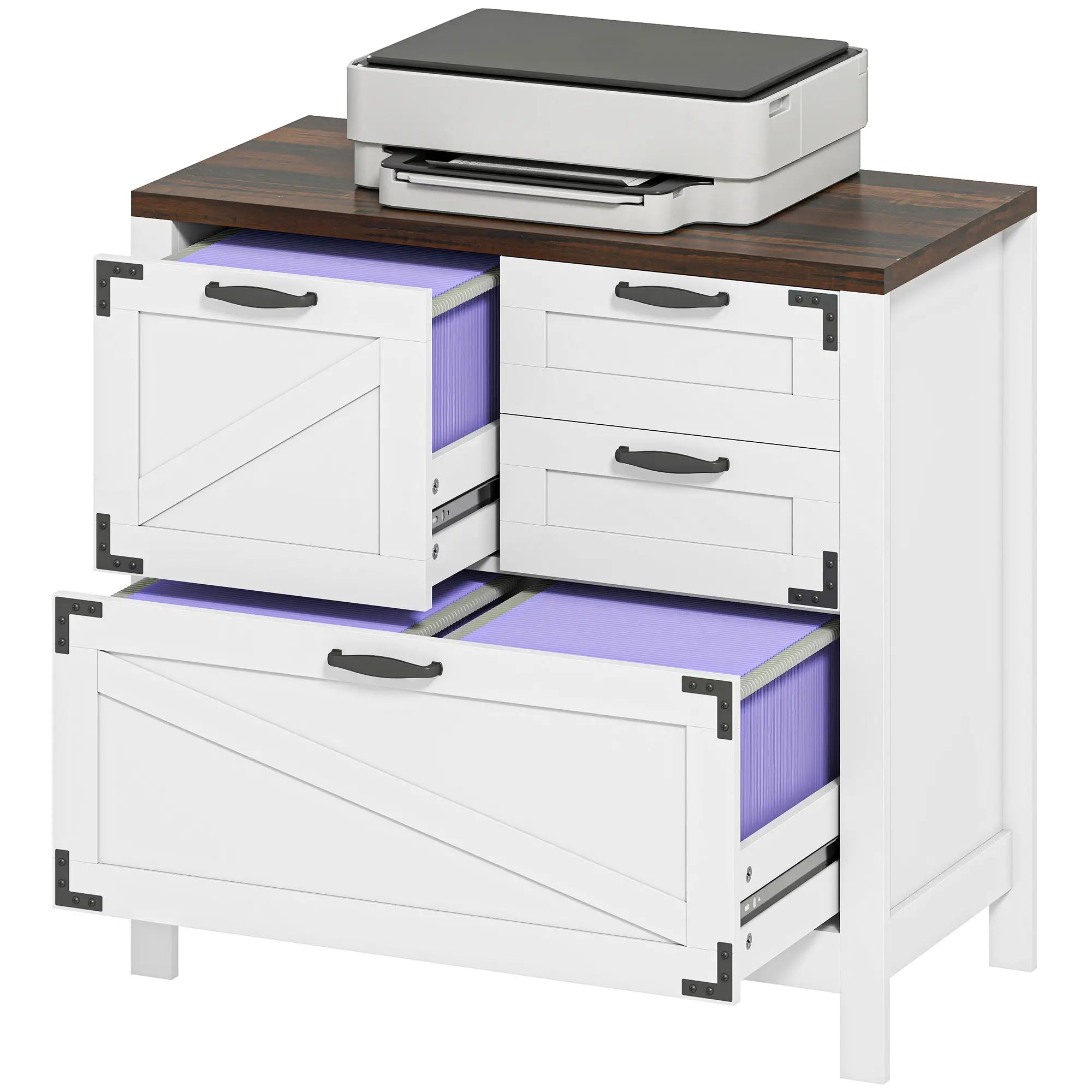 Lateral Filing Cabinet, 4 Drawers, Fits Letter/A4/Legal Files, White Office Cabinets & Cupboards White, Rustic Brown at Gallery Canada