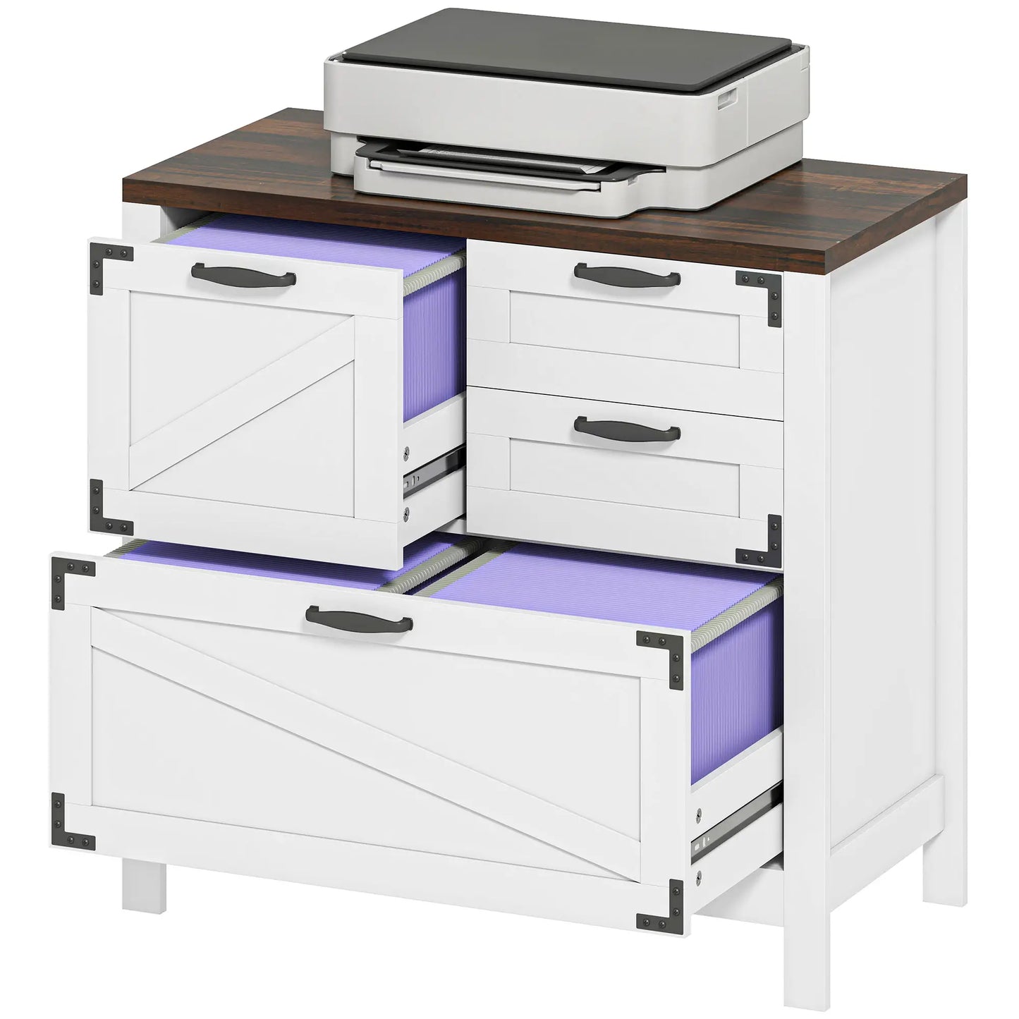 Lateral Filing Cabinet, 4 Drawers, Fits Letter/A4/Legal Files, White Office Cabinets & Cupboards White, Rustic Brown at Gallery Canada