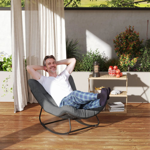 Oversized Patio Egg Rocking Chair, Padded Cushion, Rattan Wicker, Dark Grey