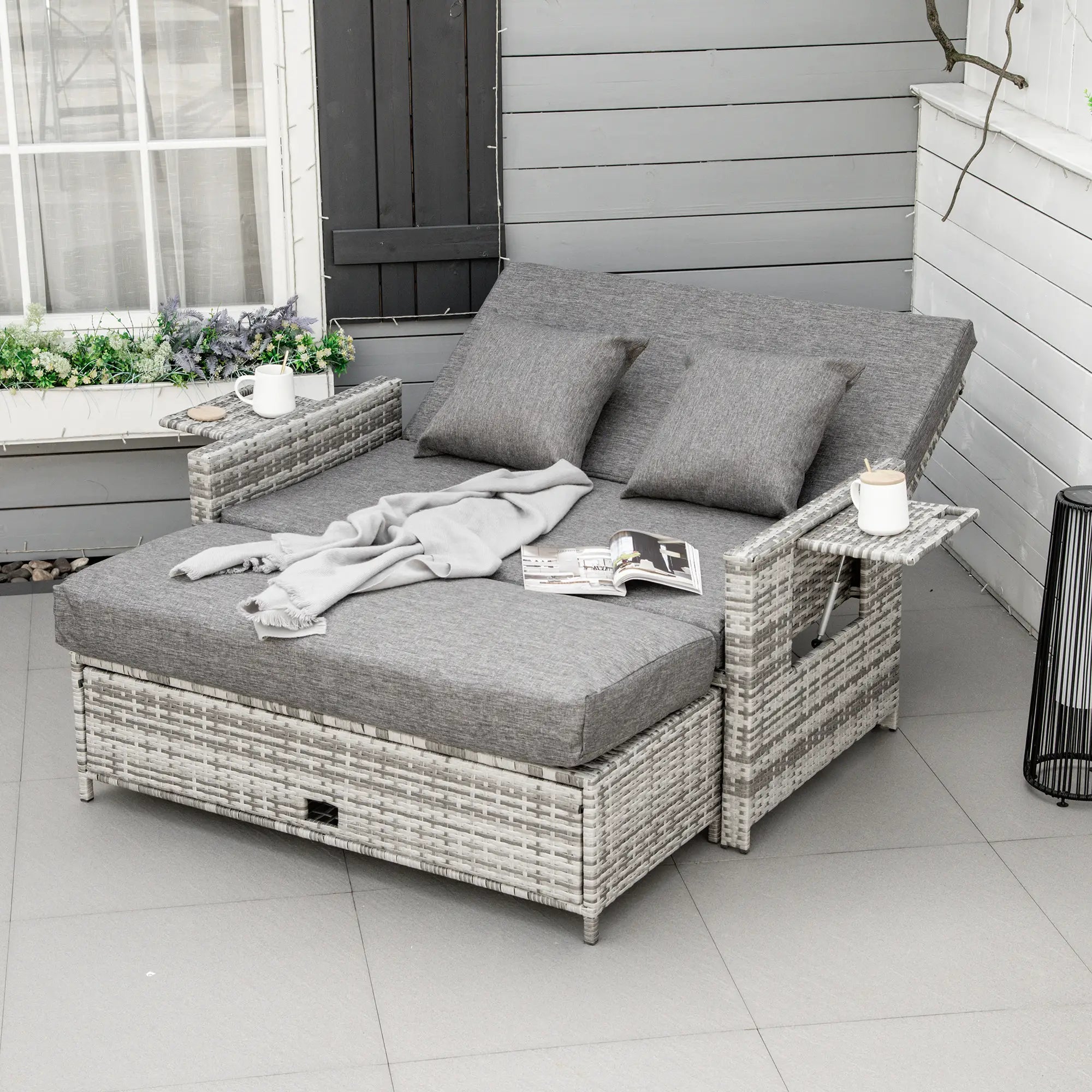 2 Piece Rattan Outdoor Daybed, 2 Seater Sofa Set with Footstool, Grey Patio Furniture Sets at Gallery Canada