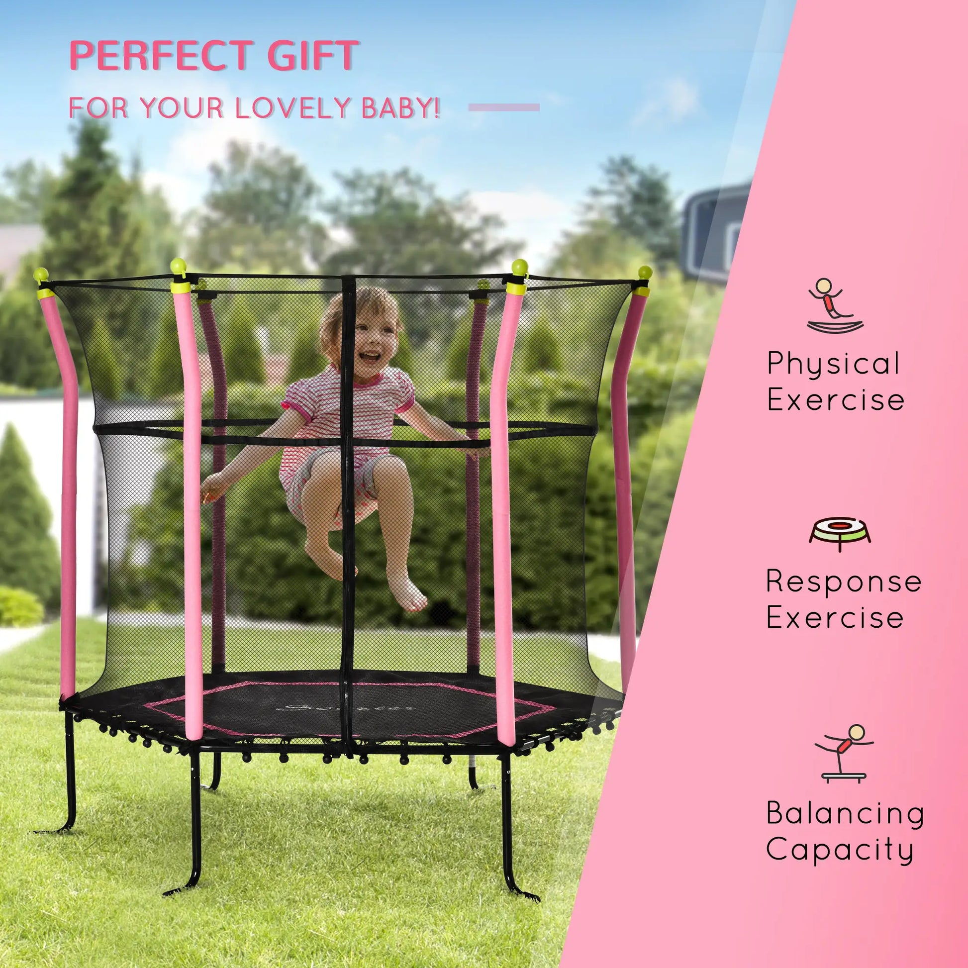 64" Kids Trampoline, Indoor Outdoor Bouncer, Enclosure Net, Pink Trampolines at Gallery Canada