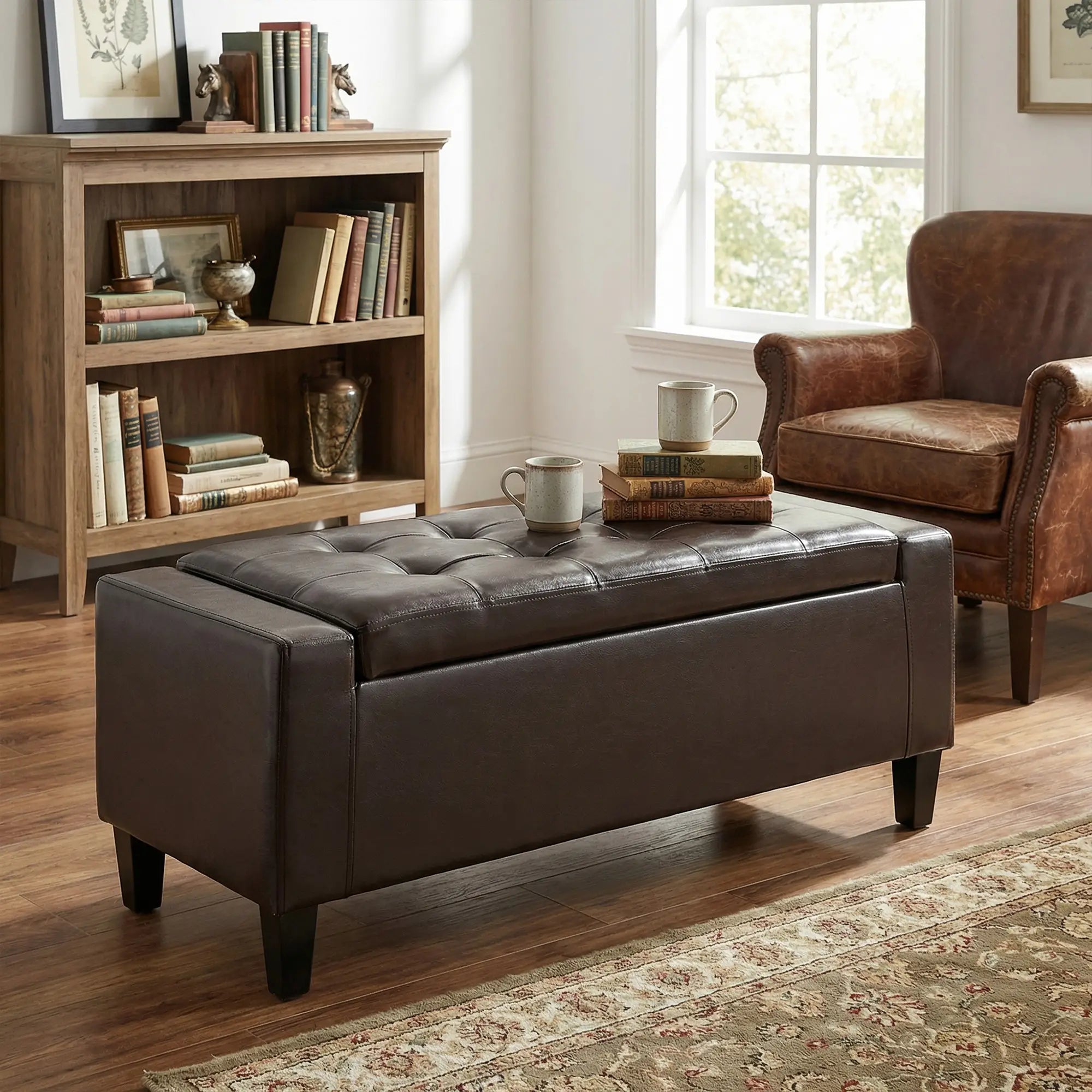 Storage Ottoman Bench, PU Leather, Tufted Design, Brown Storage Ottomans & Benches at Gallery Canada