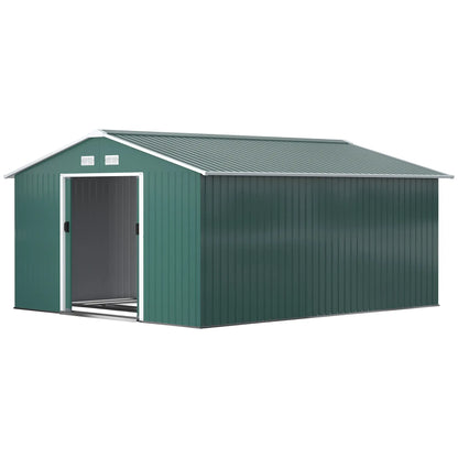 11' x 13' Garden Storage Shed, Double Sliding Door, 4 Ventilation Slots, Green Sheds at Gallery Canada