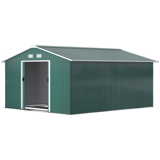 11' x 13' Garden Storage Shed, Double Sliding Door, 4 Ventilation Slots, Green Sheds Green at Gallery Canada