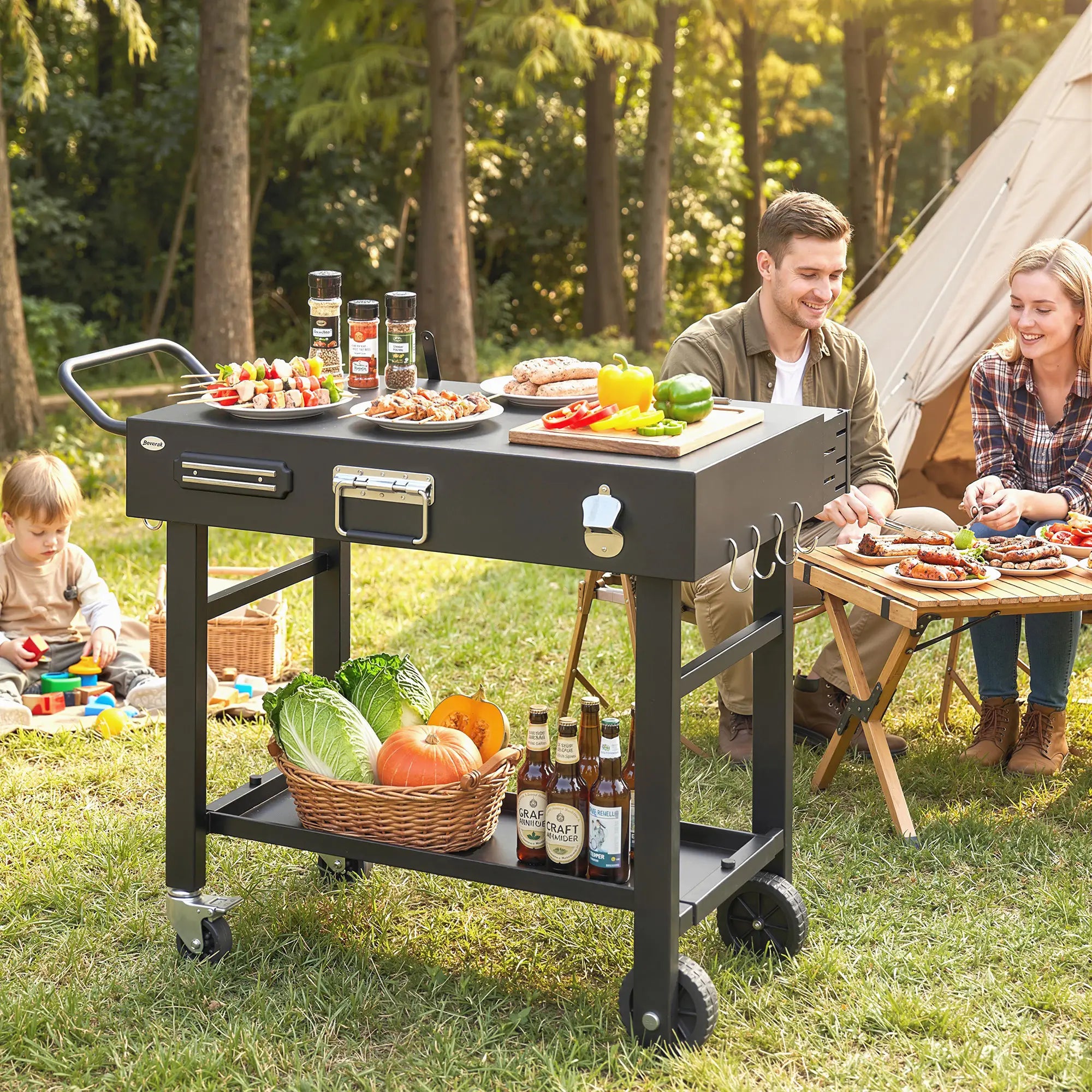 Outdoor Grill Cart, Folding Table With Magnetic Knife Holder, Hooks, Black Outdoor Grill Carts at Gallery Canada