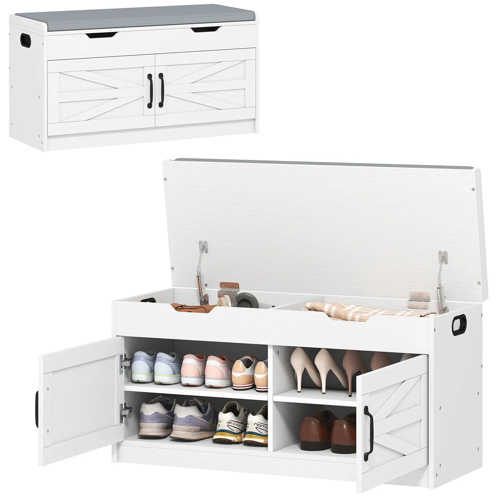 Shoe Storage Bench, 2-Tier Cabinet, Flip-Top, Padded Cushion, White Shoe Storage Cabinets & Racks White, Grey at Gallery Canada