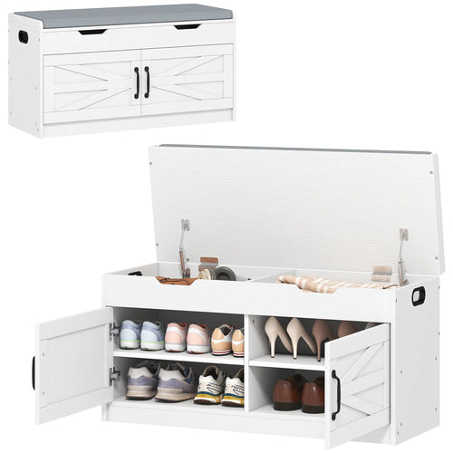 Shoe Storage Bench, 2-Tier Cabinet, Flip-Top, Padded Cushion, White
