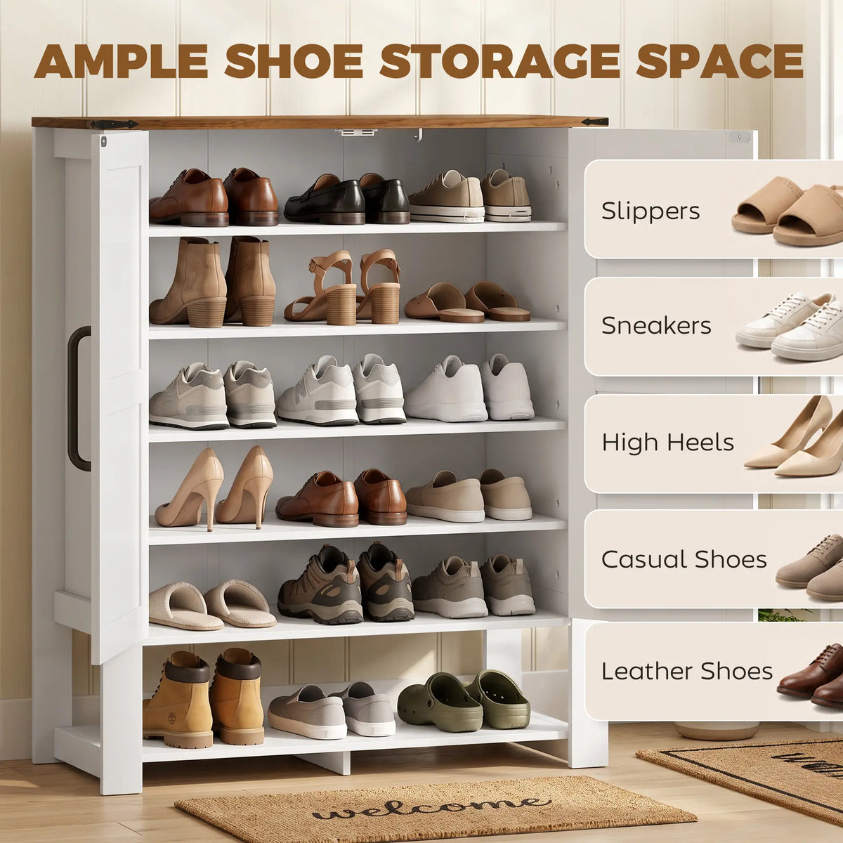 5 Tier Shoe Cabinet, Rustic White, Open Cubby Storage, Rustic White