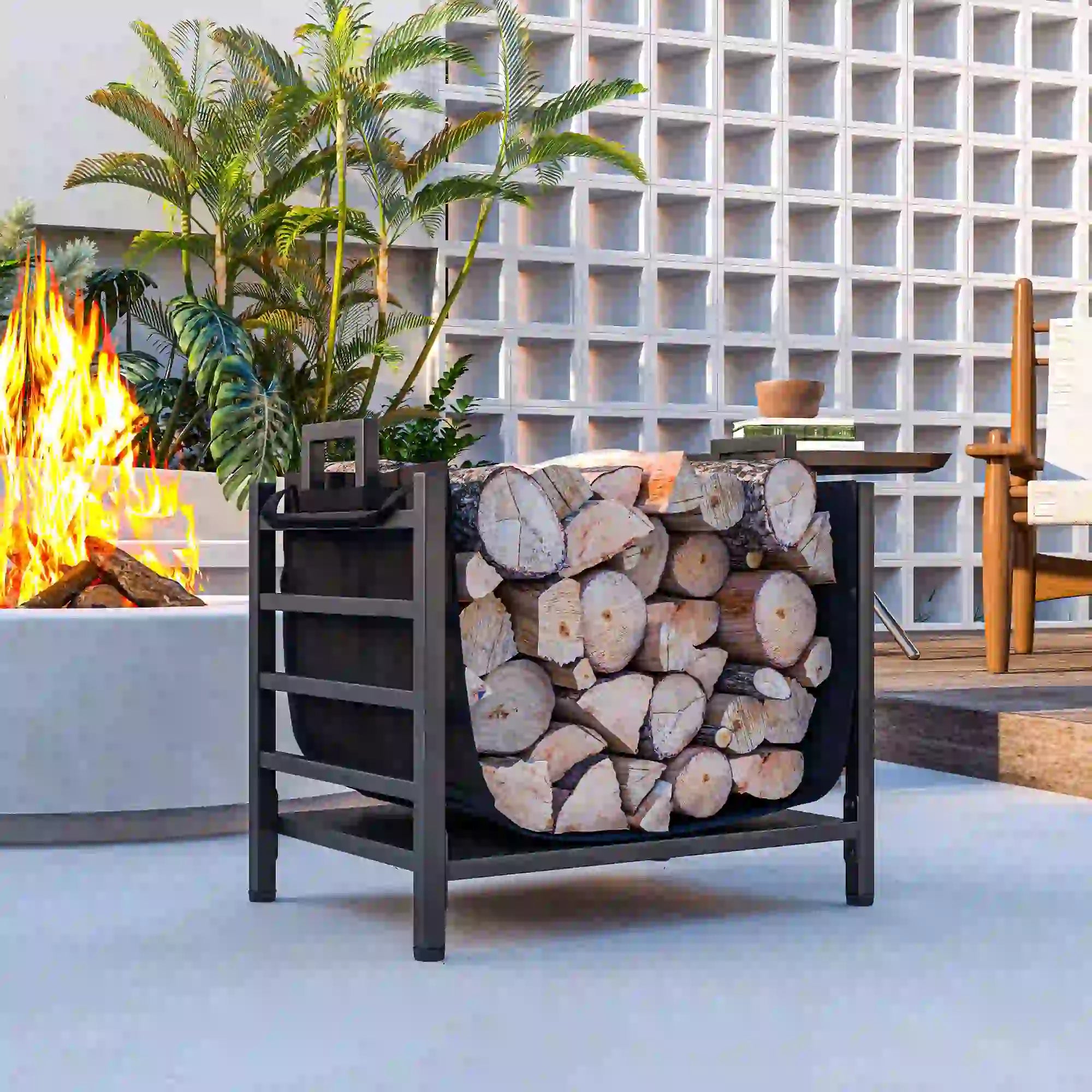 Outdoor Firewood Rack With Log Carrier, Heavy Duty Steel, Black Firewood Racks at Gallery Canada