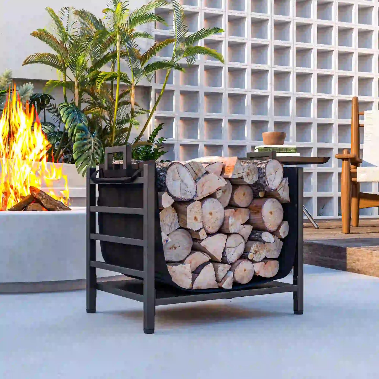 Outdoor Firewood Rack With Log Carrier, Heavy Duty Steel, Black Firewood Racks at Gallery Canada