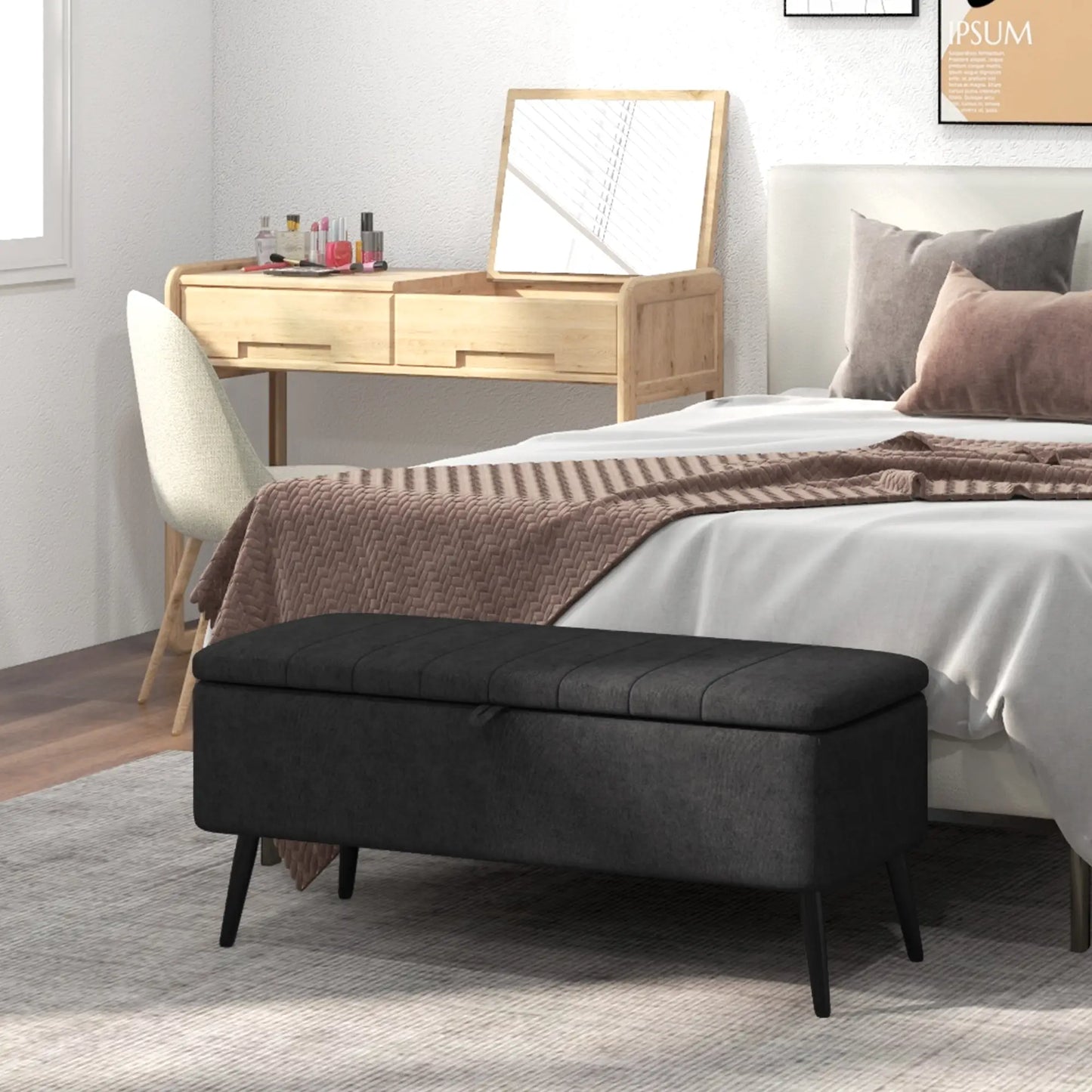 40" Ottoman with Storage, Linen Upholstered Bench, Dark Grey