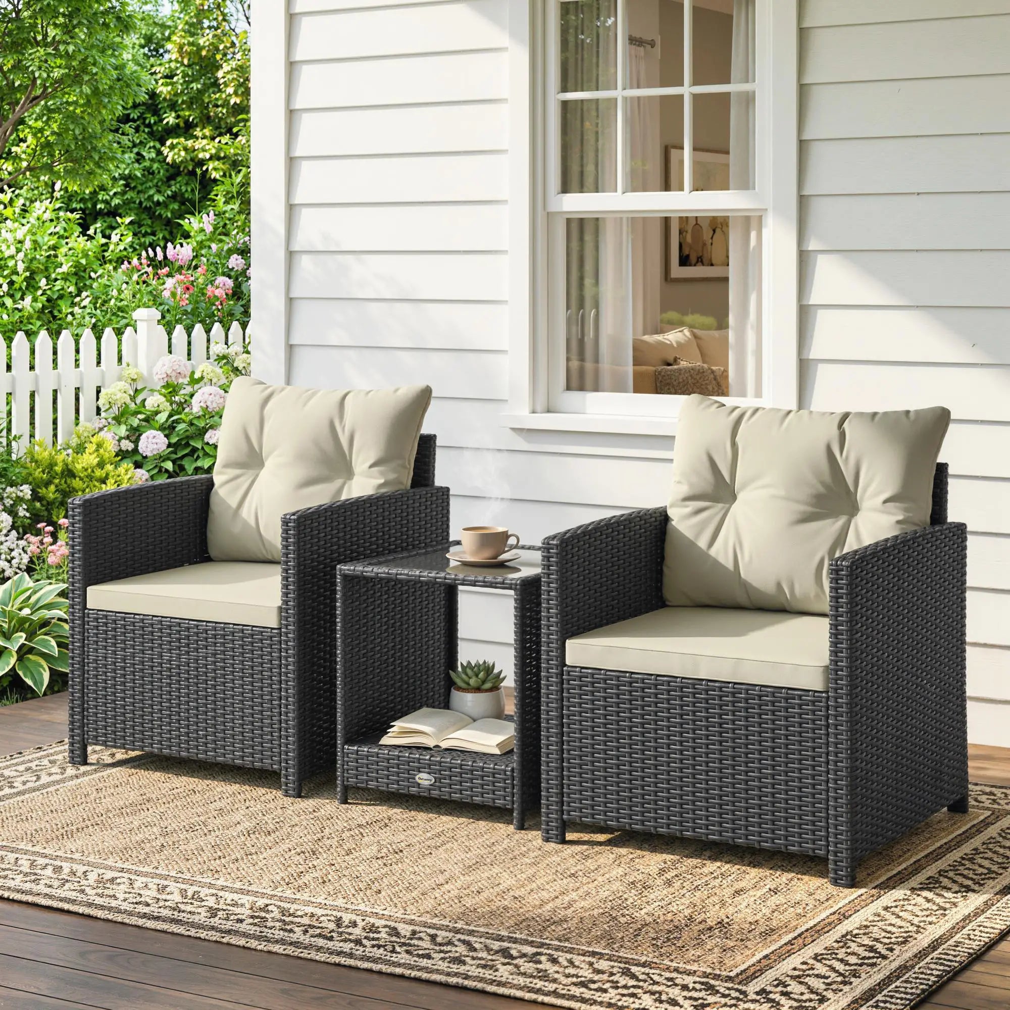 3 Piece Wicker Patio Set, 2-Tier Glass Top Table, Beige Bistro Sets at Gallery Canada