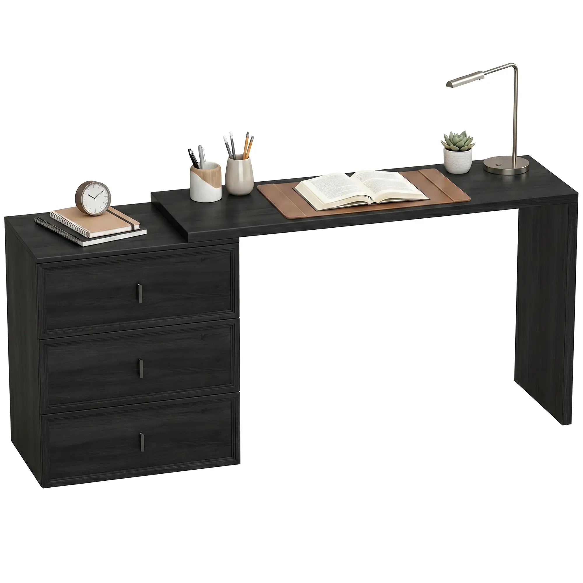 L-Shaped Computer Desk, 3 Drawers, Black Wood Grain, Black Computer Desks Black at Gallery Canada