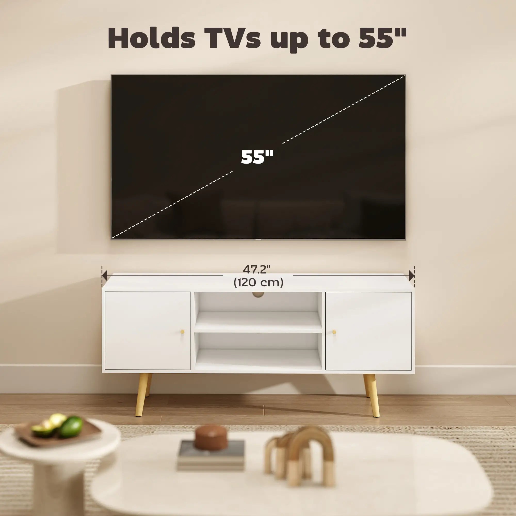 TV Stand for 55 Inches, Storage Shelves, Wood Legs, White TV Stands at Gallery Canada