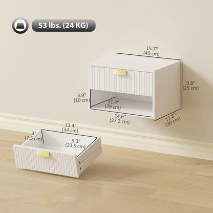 Set of 2 Floating Nightstands, Wall Mounted with Fluted Drawer and Shelf, White