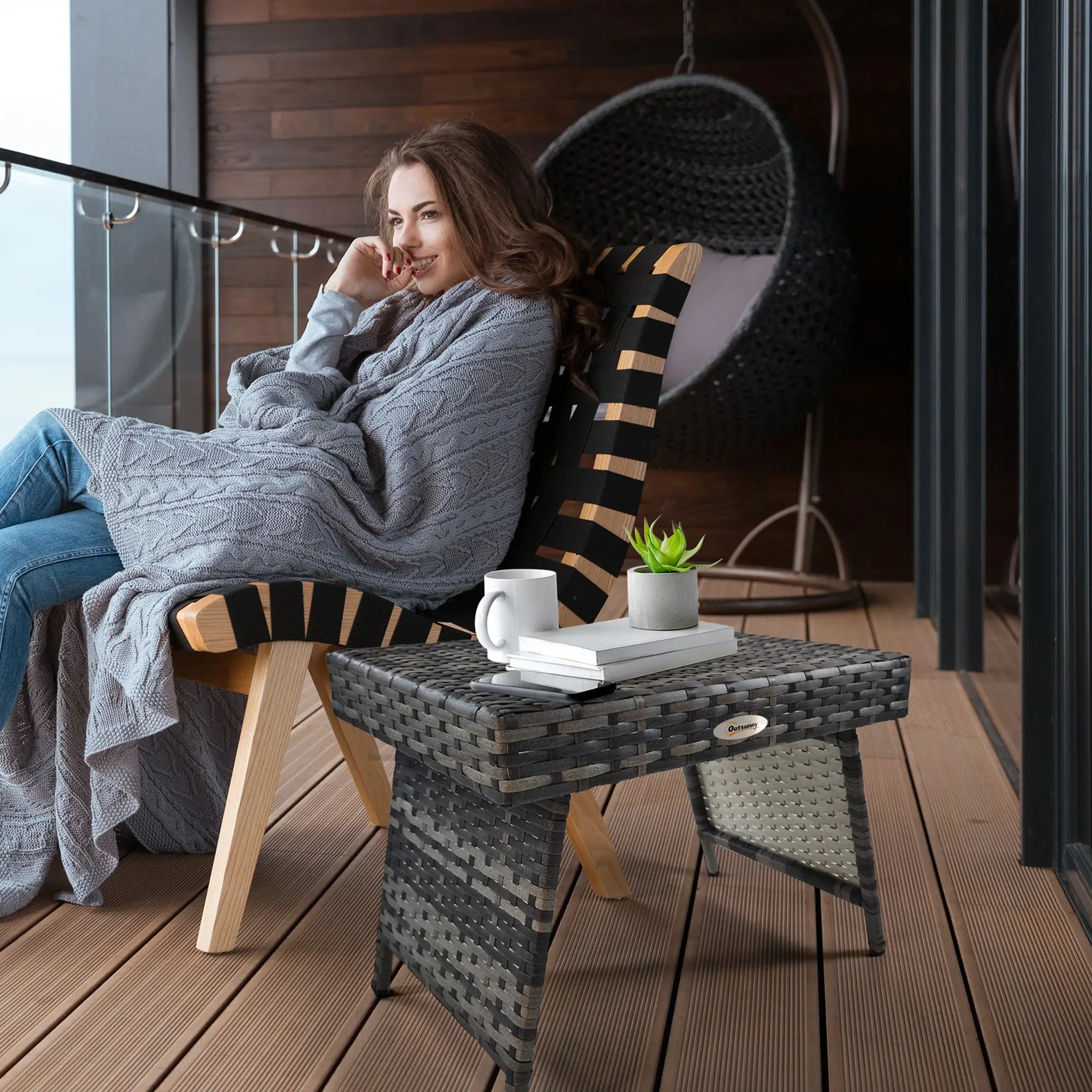 Outdoor Rattan Foldable End Table, Metal Frame, Mixed Grey, Grey Patio Side Tables at Gallery Canada