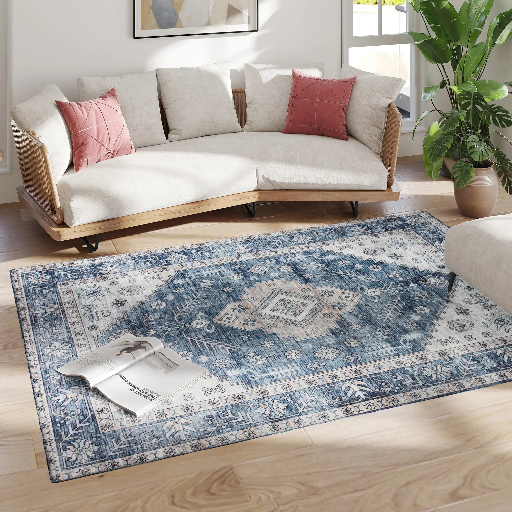 5x7 Area Rug, Vintage Washable, Non-Slip, Living Room, Bedroom, Blue Living Room Furniture at Gallery Canada