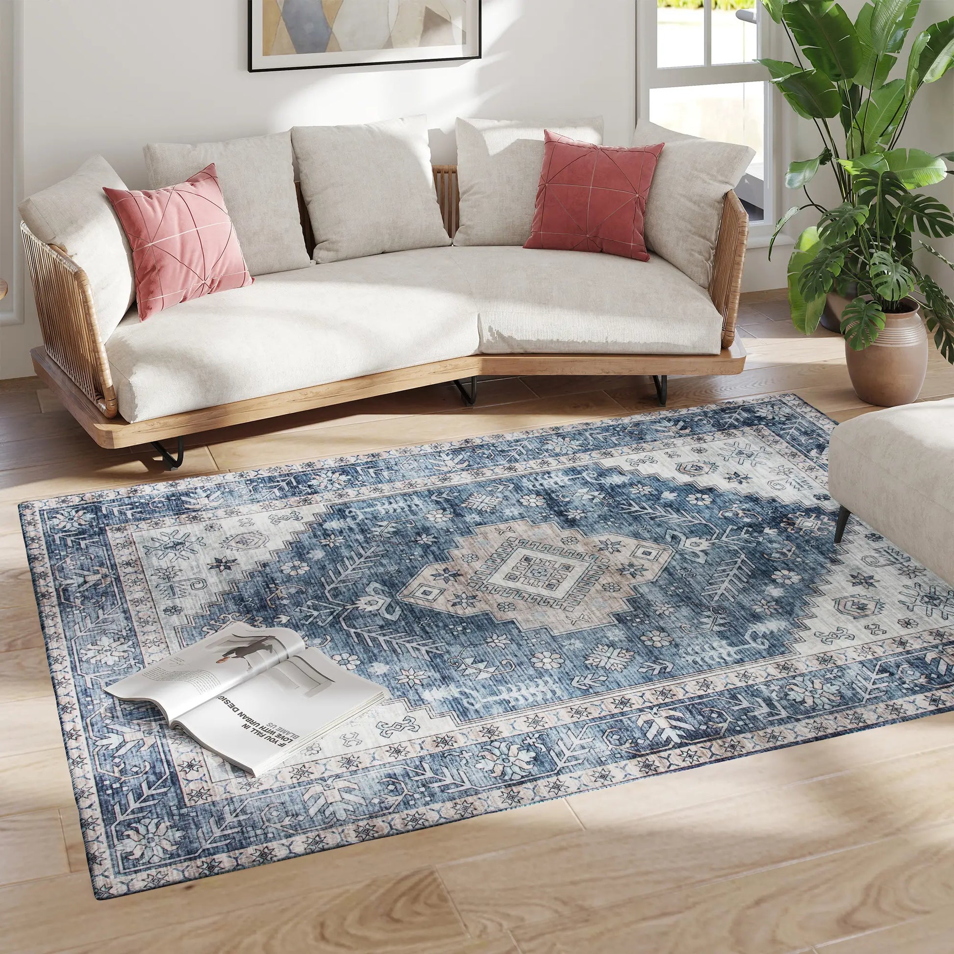 5x7 Area Rug, Vintage Washable, Non-Slip, Living Room, Bedroom, Blue Living Room Furniture at Gallery Canada