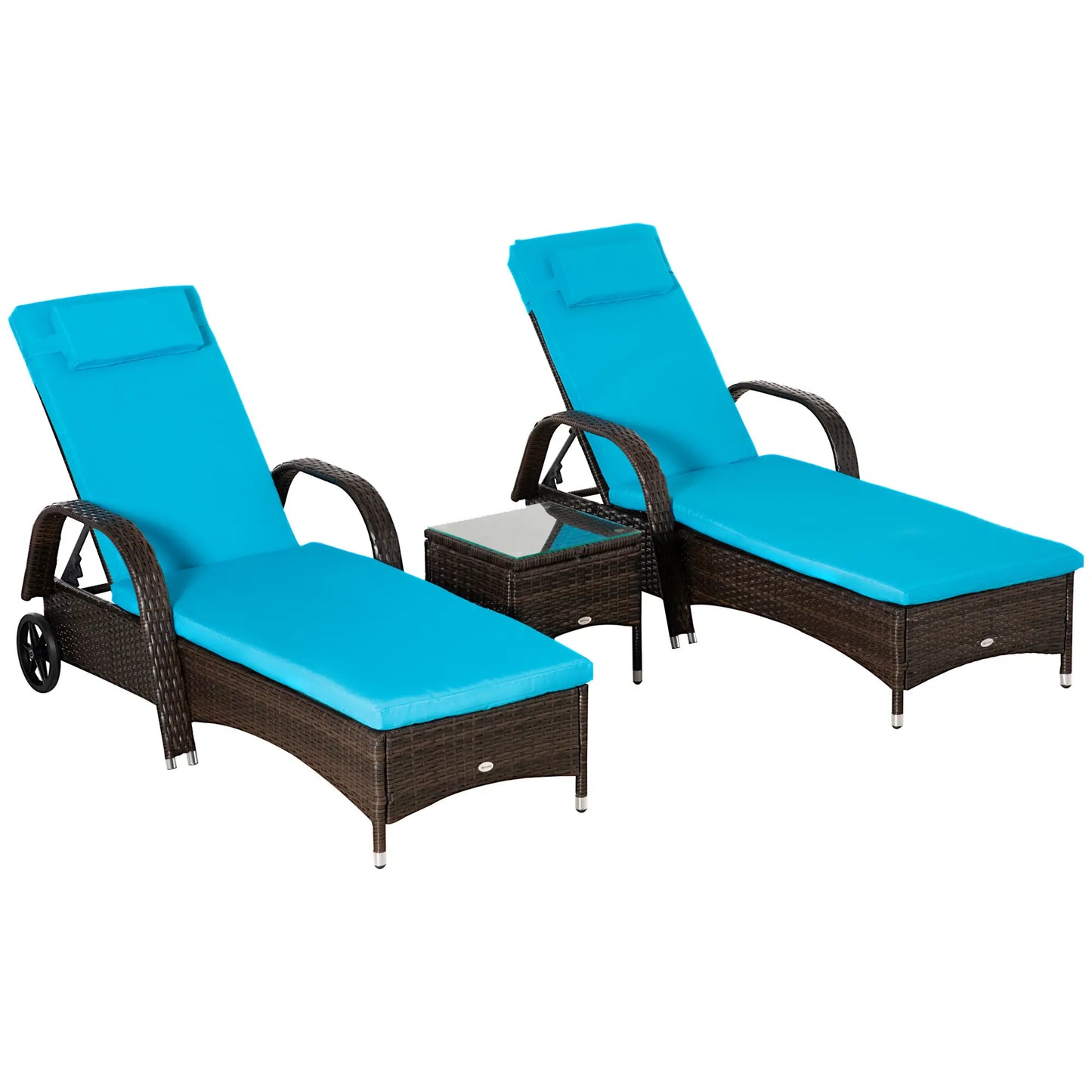 3-Piece Wicker Patio Lounger Set with Table, PE Rattan, Brown/Blue Chaise Loungers Brown Rattan, Blue Cushion at Gallery Canada