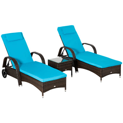 3-Piece Wicker Patio Lounger Set with Table, PE Rattan, Brown/Blue Chaise Loungers Brown Rattan, Blue Cushion at Gallery Canada