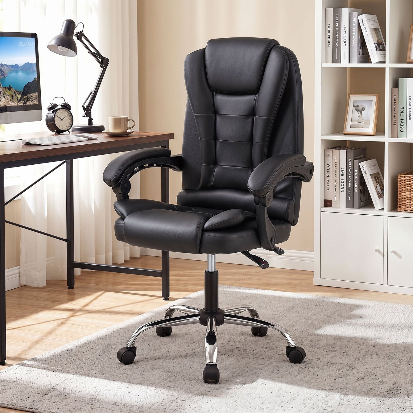 Big High Back Executive Chair with Linkage Armrests and Leather Padded Seat for Office, Black