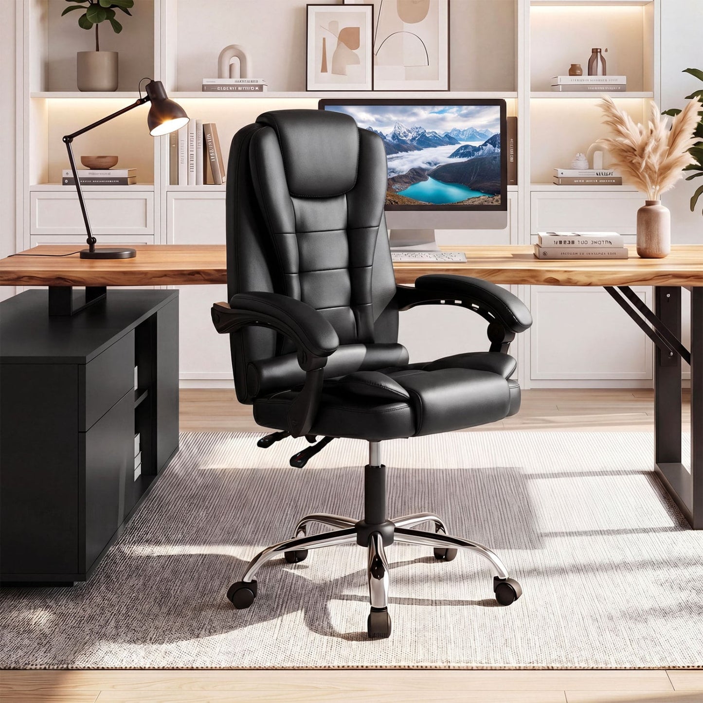 Big High Back Executive Chair with Linkage Armrests and Leather Padded Seat for Office, Black